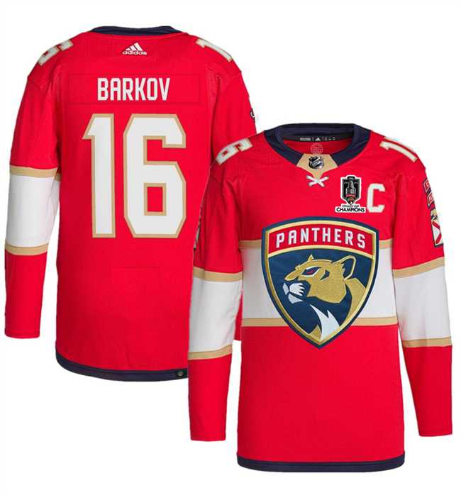 Men%27s Florida Panthers #16 Aleksander Barkov Red Home 2024 Stanley Cup Champions Stitched Jersey Dzhi->florida panthers->NHL Jersey